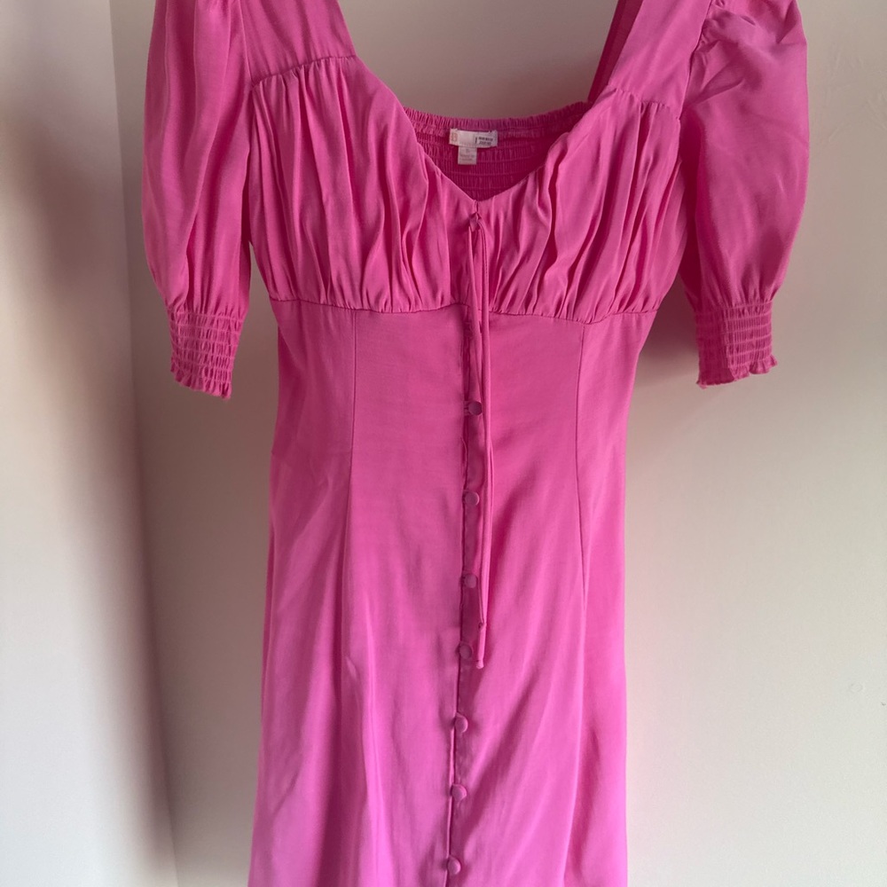 Pink Puff-Sleeve Button-Front Womens Dress